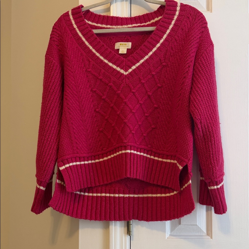 Anthropologie  Maeve Pink V-Neck Sweater with White Trim